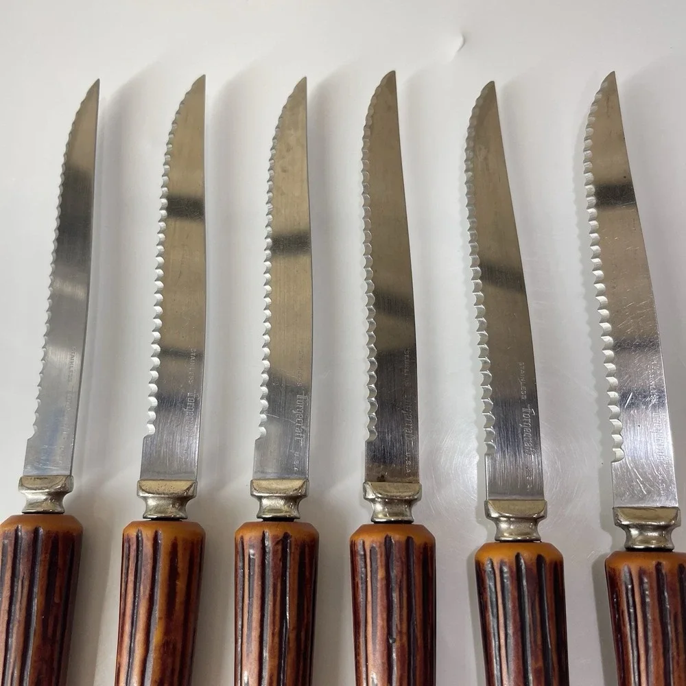Vintage Stainless Forgecraft USA Steak Knives Set 6 Stag Faux Antler Handle MCM